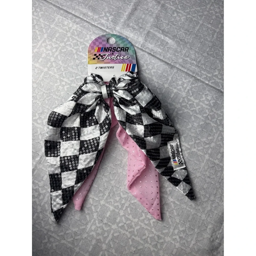 Justice NASCAR Hair Twisters Girls O/S Pink Black Checkered Sequin Bow 2PK Race
